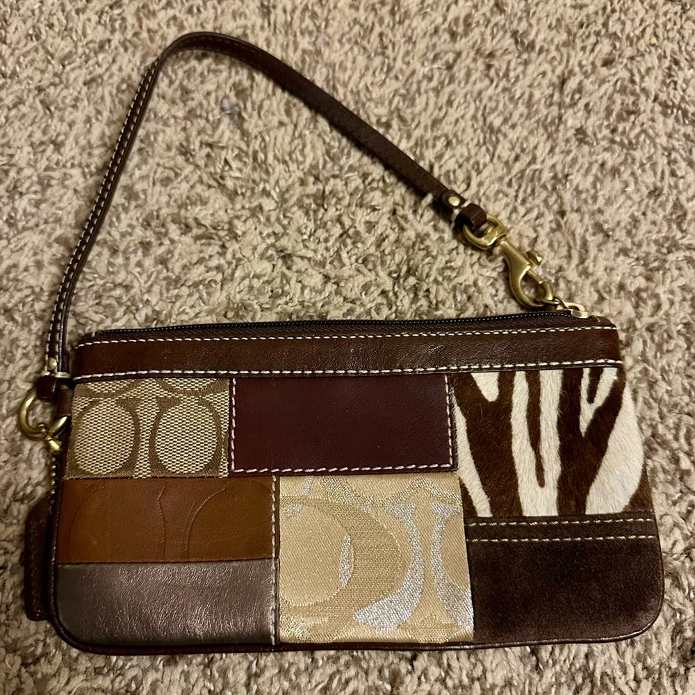 Coach Brown and Cream Patchwork Wristlet